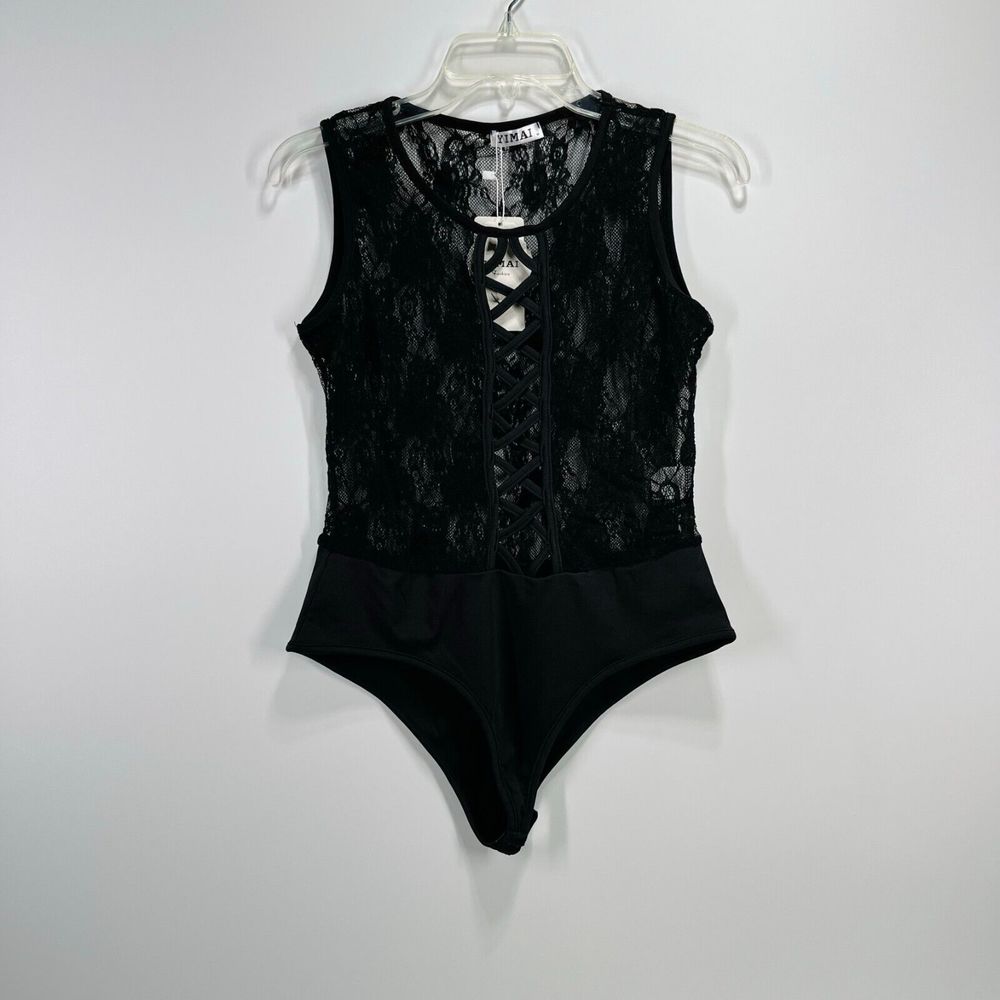 Yimai Sheer Mesh Lace Bodysuit Size M Black Sleeveless Lightweight Sexy Top NWT - Picture 4 of 12